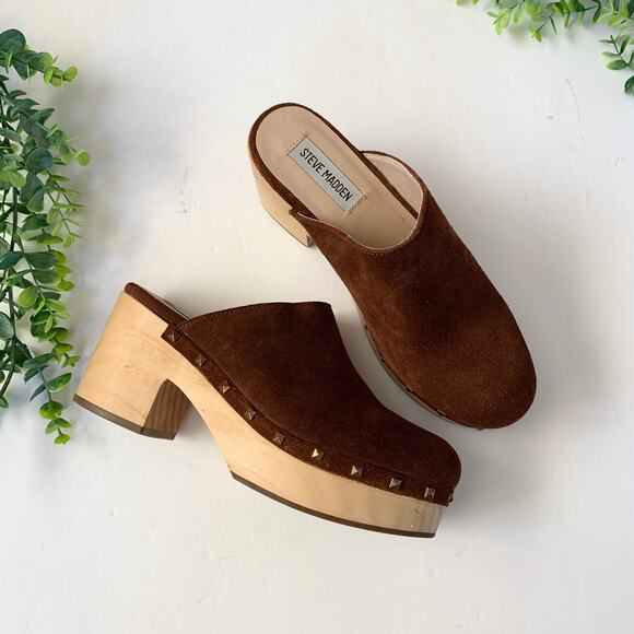 Suede Leather Brown Clogs - Steve Madden Brooklyn Fall Shoes - Picture 1 of 4